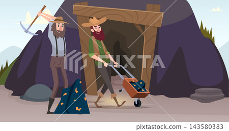 Bearded miners with pickaxe and wheelbarrow of gold ore at mine entrance cartoon vector illustration Bearded miners with pickaxe and wheelbarrow of gold ore at mine entrance cartoon vector illustration 143580383