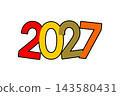 Colorful 2027 numbers with bold overlapping typography, red, yellow, brown, and orange fills, and thick black outlines 143580431