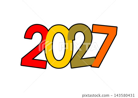 Colorful 2027 numbers with bold overlapping typography, red, yellow, brown, and orange fills, and thick black outlines Colorful 2027 numbers with bold overlapping typography, red, yellow, brown, and orange fills, and thick black outlines 143580431