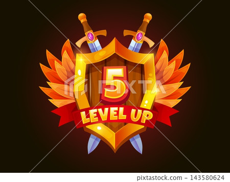 Game level up badge. Winner trophy award wooden shield ui icon medal rank banner ribbon pop win complete congrats achievement button mobile screen 2d rpg gaming vector illustration Game level up badge. Winner trophy award wooden shield ui icon medal rank banner ribbon pop win complete congrats achievement button mobile screen 2d rpg gaming vector illustration 143580624