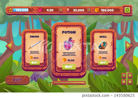 Forest game shop. Jungle arcade store ui, casual mobile adventure gaming video nature wood interface screen wood board panel window frame fantasy rpg cartoon vector illustration Forest game shop. Jungle arcade store ui, casual mobile adventure gaming video nature wood interface screen wood board panel window frame fantasy rpg cartoon vector illustration 143580625