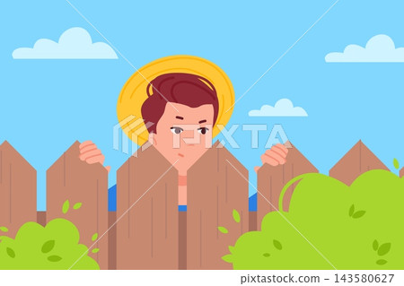 Fence peeking. Neighbor peeks behind wooden fence backyard, man look spying observing sneaking looking peeping cartoon character curiosity concept vector illustration 143580627