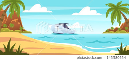 Island sand beach. Tropical coast yacht boat sea ocean water cartoon landscape, paradise seaside travel summer holiday cruise journey palm cloud sky background vector illustration Island sand beach. Tropical coast yacht boat sea ocean water cartoon landscape, paradise seaside travel summer holiday cruise journey palm cloud sky background vector illustration 143580634