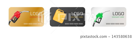 Fuel cards. Realistic gas station discount cards, gasoline nozzle pump petrol oil can diesel liquid voucher car auto coupon design template isolated refuel 3d vector illustration Fuel cards. Realistic gas station discount cards, gasoline nozzle pump petrol oil can diesel liquid voucher car auto coupon design template isolated refuel 3d vector illustration 143580638