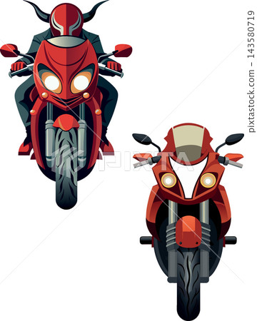 Businessman wearing helmet with horns riding red motorcycle Businessman wearing helmet with horns riding red motorcycle 143580719