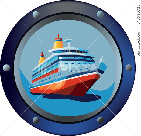 Cruise ship sailing on ocean seen through porthole window Cruise ship sailing on ocean seen through porthole window 143580723