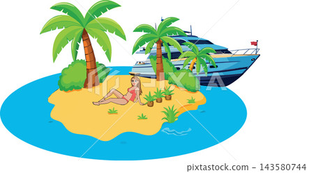 Woman relaxing on tropical island with luxury yacht Woman relaxing on tropical island with luxury yacht 143580744