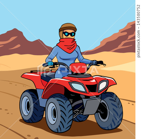 Woman riding quad bike in desert adventure illustration 143580752