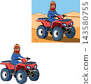 Woman riding quad bike in desert adventure illustration 143580755