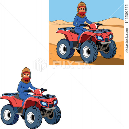 Woman riding quad bike in desert adventure illustration 143580755