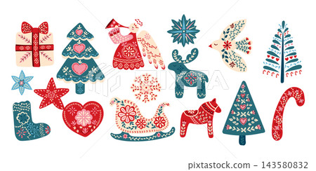 Scandinavian Christmas illustration collection with decorated tree, gifts, stockings, ornaments, hearts, candy cane, and festive motifs on white background Scandinavian Christmas illustration collection with decorated tree, gifts, stockings, ornaments, hearts, candy cane, and festive motifs on white background 143580832