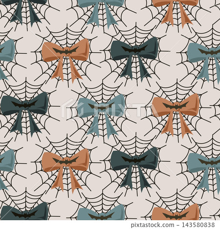 Repeating Halloween pattern with colorful bow shapes and spider webs on a light background, decorative seamless illustration for seasonal design Repeating Halloween pattern with colorful bow shapes and spider webs on a light background, decorative seamless illustration for seasonal design 143580838