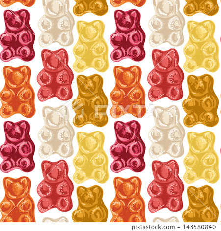 Colorful gummy bear pattern with red, pink, orange, yellow, brown, and white candy shapes in a repeating illustrated textile design Colorful gummy bear pattern with red, pink, orange, yellow, brown, and white candy shapes in a repeating illustrated textile design 143580840