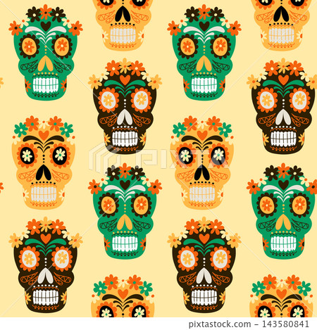 Colorful calaveras pattern with floral skull illustrations in green, orange, black, and yellow arranged as a repeating decorative textile design Colorful calaveras pattern with floral skull illustrations in green, orange, black, and yellow arranged as a repeating decorative textile design 143580841