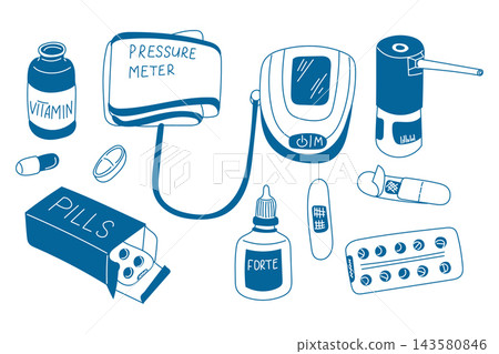 Medical line art illustration with pressure meter, digital monitor, vitamin bottle, pills, bandages, thermometer and medicine containers on white background 143580846