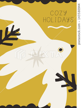 Holiday greeting card template with white dove bird and text cozy holidays 143580944
