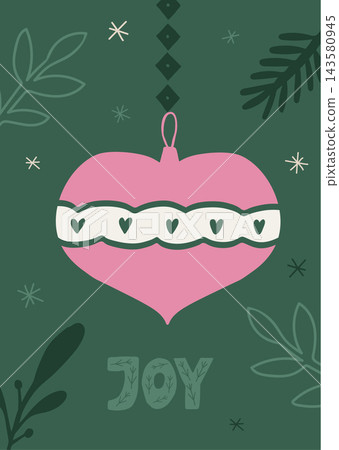 Holiday Christmas card with pink heart bauble and text joy on green background Holiday Christmas card with pink heart bauble and text joy on green background 143580945