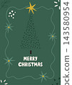 Christmas greeting card with dotted fir tree, gold star, and text merry christmas on green background 143580954