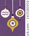 Christmas greeting card with hanging baubles and flower pattern on purple background 143580958