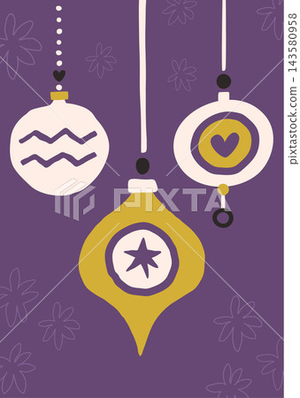 Christmas greeting card with hanging baubles and flower pattern on purple background Christmas greeting card with hanging baubles and flower pattern on purple background 143580958