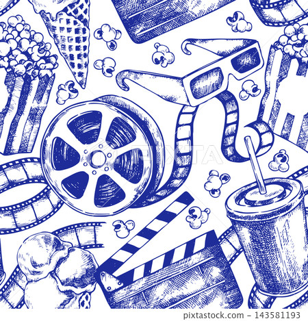 Seamless pattern with classic cinema elements. clapperboard, popcorn, and film strip. vintage illustration. 143581193