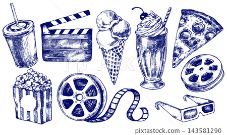 set of classic cinema equipment. Retro vector illustration 143581290