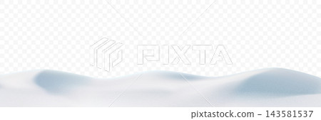 Christmas snow 3D overlay, winter hill snowdrift. Snowy pile landscape with mountain slope and vector snowflake border, png pedestal with realistic texture and blue sky background. Land poduim layer 143581537