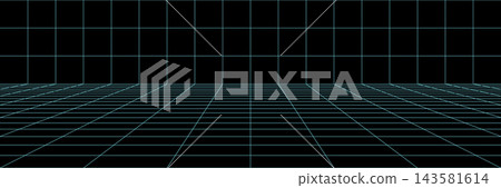 Linear grid bg with 3D floor space, pattern perspective game studio. Retro abstract futuristic wireframe room model, tech vector square. Black 80s geometric cyberpunk. Blue virtual 90s arcade neon. Linear grid bg with 3D floor space, pattern perspective game studio. Retro abstract futuristic wireframe room model, tech vector square. Black 80s geometric cyberpunk. Blue virtual 90s arcade neon. 143581614