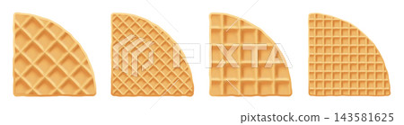 Vector round texture of biscuit pattern, white belgium chocolate. Waffle sector with cream, belgian wafer illustration, cartoon cake. Realistic cookie of isolated circle shape, bite syrup pancake 143581625