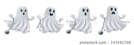 Halloween 3d emoji, little prisoner ghost game set. Chained phantom in white cloth, vector spooky character. Cute laugh, scream or scaring boo. Metal ball realistic render, funny monster banner png Halloween 3d emoji, little prisoner ghost game set. Chained phantom in white cloth, vector spooky character. Cute laugh, scream or scaring boo. Metal ball realistic render, funny monster banner png 143581708