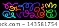 Arrow gradation, squiggly gradient vector line set. Curved carnival change icon. Rise pattern, doodle shape brush element. 3d dynamic multi colored curly loop spiral strokes. Abstract twirl bold paint 143581754