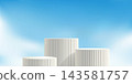 Podium on sky blue bg, heaven studio platform. Beauty product box, cosmetic aesthetic 3d. White cube on soft cloud. Skincare hygiene, perfume container geomertic display. Summer building base stairs 143581757