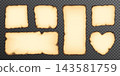 Burnt beige paper with fired edge, corner effect. Flame damaged vector page, old parchment round border with torn black ripped texture. Realistic ash note sheet frame, square heart rectangle piece 143581759