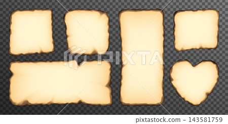 Burnt beige paper with fired edge, corner effect. Flame damaged vector page, old parchment round border with torn black ripped texture. Realistic ash note sheet frame, square heart rectangle piece Burnt beige paper with fired edge, corner effect. Flame damaged vector page, old parchment round border with torn black ripped texture. Realistic ash note sheet frame, square heart rectangle piece 143581759