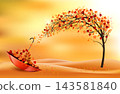 A gold autumn. Autumn landscape with colorful leaves on the tree and umbrella with colorful leaves in a park on a background. Vector 143581840