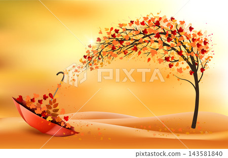 A gold autumn. Autumn landscape with colorful leaves on the tree and umbrella with colorful leaves in a park on a background. Vector A gold autumn. Autumn landscape with colorful leaves on the tree and umbrella with colorful leaves in a park on a background. Vector 143581840