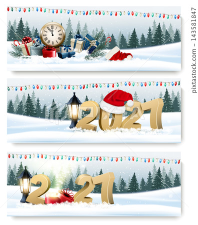 Merry Christmas and Happy New Year 2027 abstract banners with garland and presents and winter landscape. Vector. Merry Christmas and Happy New Year 2027 abstract banners with garland and presents and winter landscape. Vector. 143581847