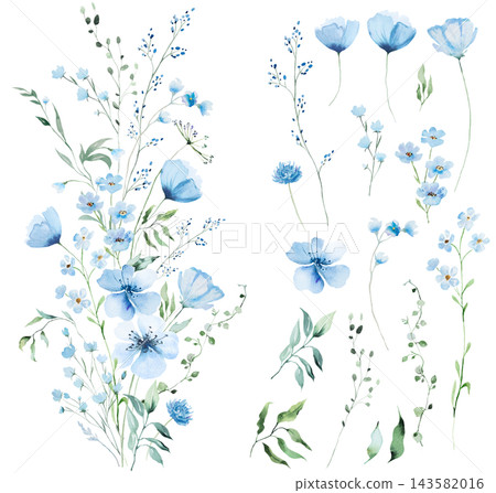 Floral bouquet clipart with pale blue watercolor wildflowers , hand drawn isolated wedding illustration Floral bouquet clipart with pale blue watercolor wildflowers , hand drawn isolated wedding illustration 143582016