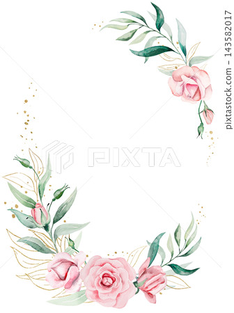 Floral wreath with watercolor pink roses and green leaves, illustration for wedding stationery Floral wreath with watercolor pink roses and green leaves, illustration for wedding stationery 143582017