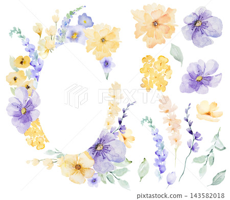 Watercolor frame with light purple and yellow flowers, isolated illustration for wedding stationery Watercolor frame with light purple and yellow flowers, isolated illustration for wedding stationery 143582018