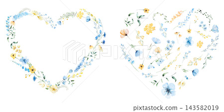 Hearts clipart with watercolor light blue and yellow wildflowers, illustration for wedding stationery Hearts clipart with watercolor light blue and yellow wildflowers, illustration for wedding stationery 143582019