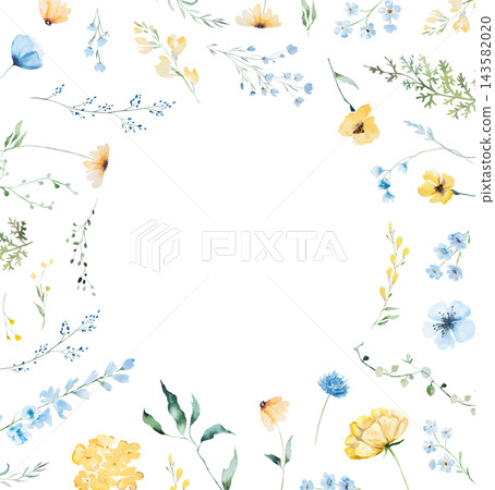 Round floral frame with blue and yellow watercolor wildflowers and leaves, wedding illustration Round floral frame with blue and yellow watercolor wildflowers and leaves, wedding illustration 143582020