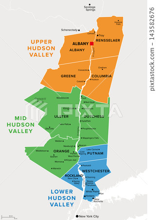 Hudson Valley, New York State, colored political map. Historic and scenic region stretching along the Hudson River from northern suburbs of New York City all the way up to state capital Albany. Vector 143582676
