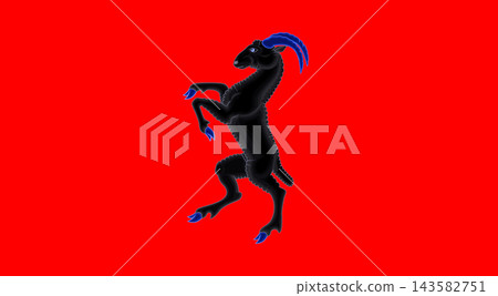 Black goat with blue horns and hooves on red background, stylized vector illustration of a horned animal in a dynamic pose. Black goat with blue horns and hooves on red background, stylized vector illustration of a horned animal in a dynamic pose. 143582751