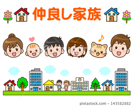 Family face icons and streetscape illustrations Family face icons and streetscape illustrations 143582882