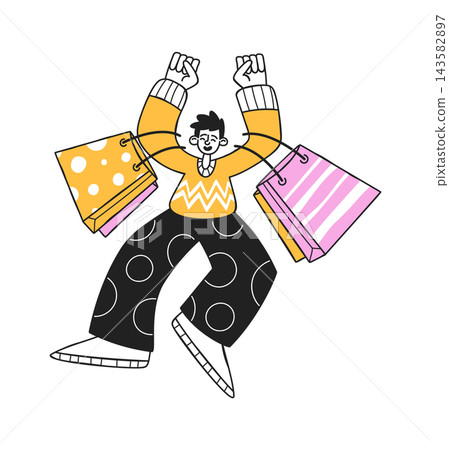 Shopper Jumping With Bags Cartoon Shopper Jumping With Bags Cartoon 143582897