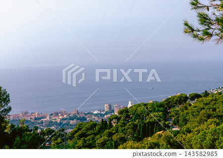 French Riviera coastal town surrounded by green hills. 143582985