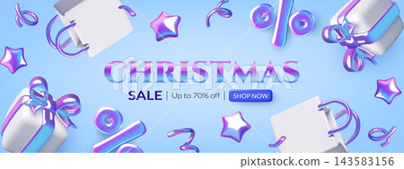 Christmas sale banner with iridescent 3D gift boxes ribbons stars and percentage on blue background 143583156