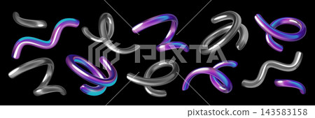 3d spiral shapes collection. Holographic and chrome metal abstract gradient wavy line elements set 3d spiral shapes collection. Holographic and chrome metal abstract gradient wavy line elements set 143583158