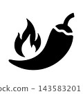 Black hot chili pepper icon with fire spark without background 143583201